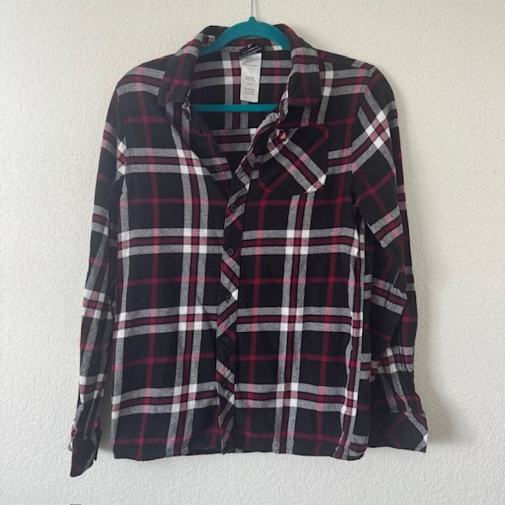 Airwalk Classics Flannel Button‎ Down Women XL Red Black White Plaid Long Sleeve